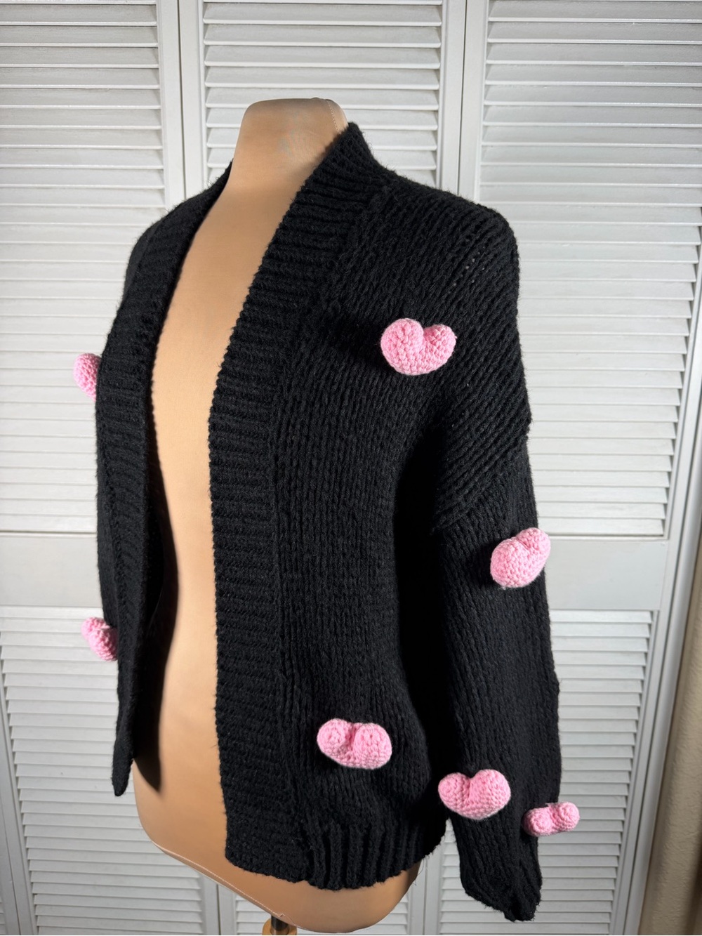 Duchamp NWT One Size Black Knit Cardigan Pink 3D Crochet Hearts